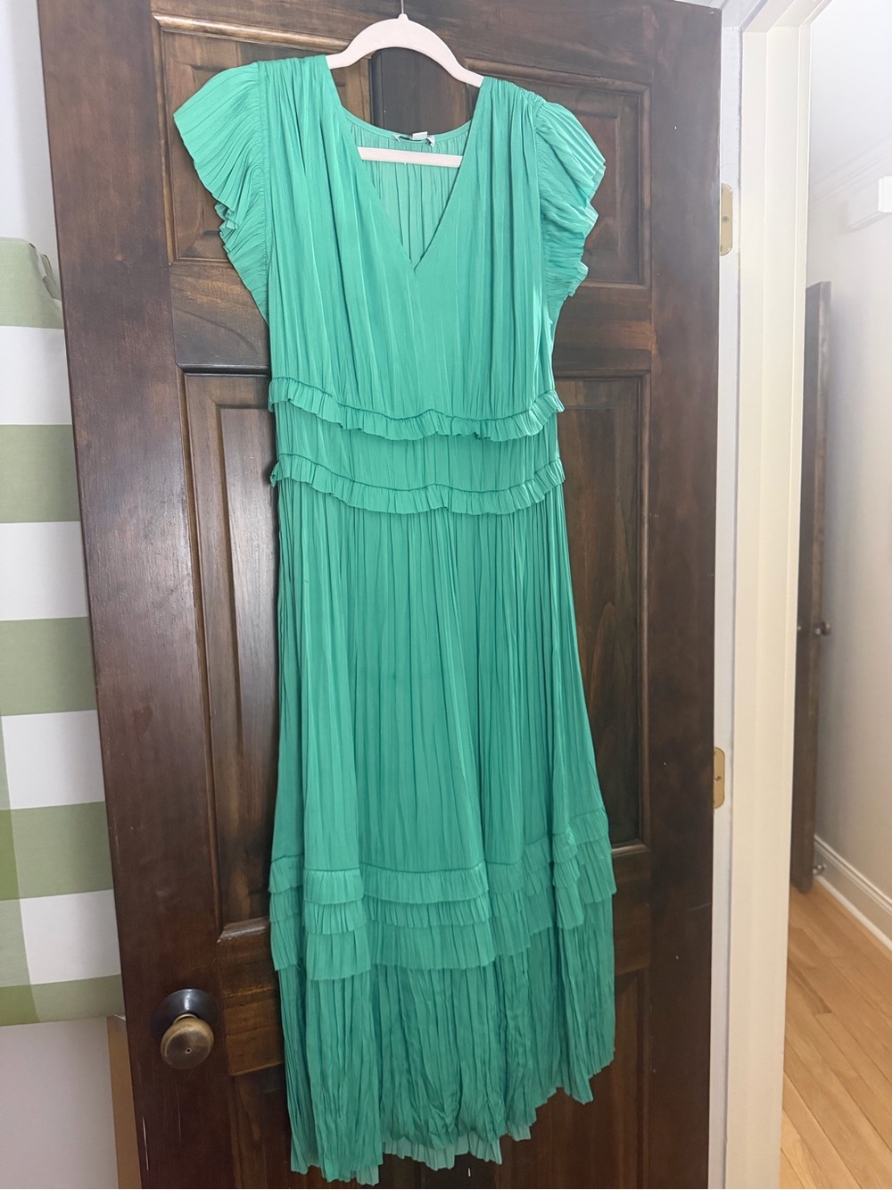 Current Air Teal Pleated Maxi Dress with Ruffle Tiers